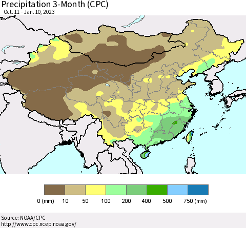 China, Mongolia and Taiwan Precipitation 3-Month (CPC) Thematic Map For 10/11/2022 - 1/10/2023