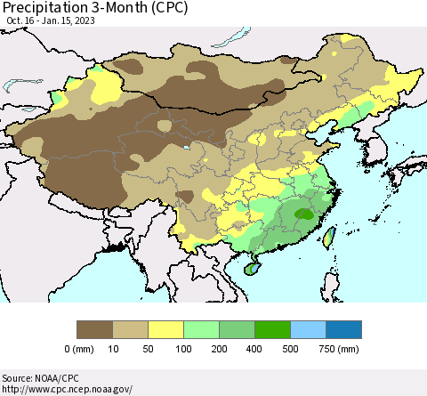 China, Mongolia and Taiwan Precipitation 3-Month (CPC) Thematic Map For 10/16/2022 - 1/15/2023