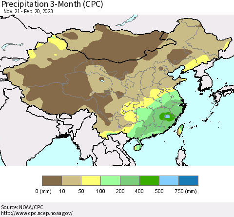China, Mongolia and Taiwan Precipitation 3-Month (CPC) Thematic Map For 11/21/2022 - 2/20/2023