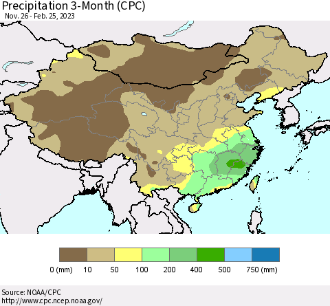 China, Mongolia and Taiwan Precipitation 3-Month (CPC) Thematic Map For 11/26/2022 - 2/25/2023