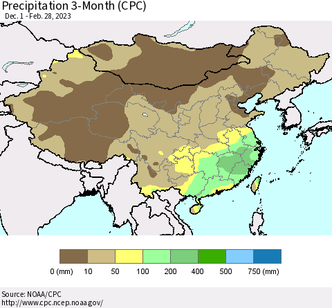 China, Mongolia and Taiwan Precipitation 3-Month (CPC) Thematic Map For 12/1/2022 - 2/28/2023
