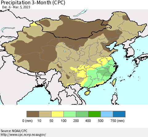 China, Mongolia and Taiwan Precipitation 3-Month (CPC) Thematic Map For 12/6/2022 - 3/5/2023