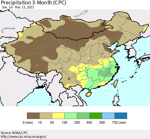 China, Mongolia and Taiwan Precipitation 3-Month (CPC) Thematic Map For 12/16/2022 - 3/15/2023