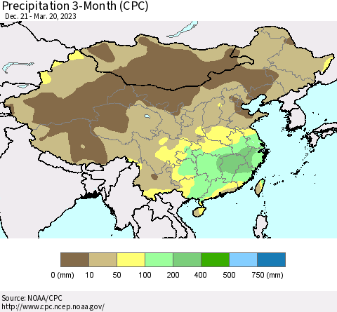 China, Mongolia and Taiwan Precipitation 3-Month (CPC) Thematic Map For 12/21/2022 - 3/20/2023