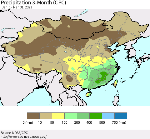 China, Mongolia and Taiwan Precipitation 3-Month (CPC) Thematic Map For 1/1/2023 - 3/31/2023