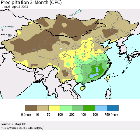 China, Mongolia and Taiwan Precipitation 3-Month (CPC) Thematic Map For 1/6/2023 - 4/5/2023