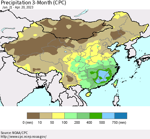 China, Mongolia and Taiwan Precipitation 3-Month (CPC) Thematic Map For 1/21/2023 - 4/20/2023