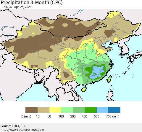 China, Mongolia and Taiwan Precipitation 3-Month (CPC) Thematic Map For 1/26/2023 - 4/25/2023