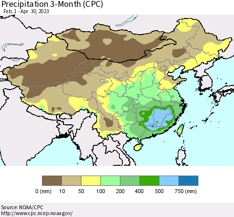 China, Mongolia and Taiwan Precipitation 3-Month (CPC) Thematic Map For 2/1/2023 - 4/30/2023
