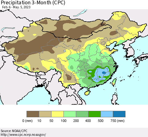 China, Mongolia and Taiwan Precipitation 3-Month (CPC) Thematic Map For 2/6/2023 - 5/5/2023