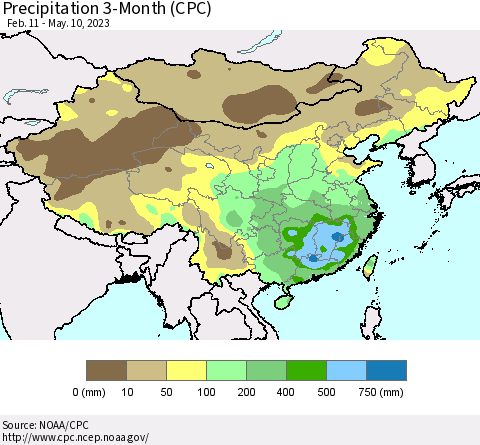 China, Mongolia and Taiwan Precipitation 3-Month (CPC) Thematic Map For 2/11/2023 - 5/10/2023