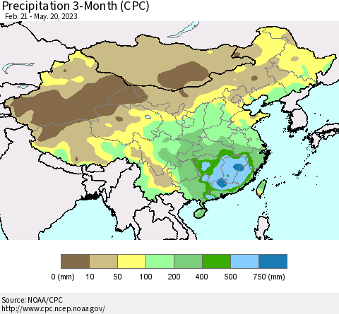 China, Mongolia and Taiwan Precipitation 3-Month (CPC) Thematic Map For 2/21/2023 - 5/20/2023