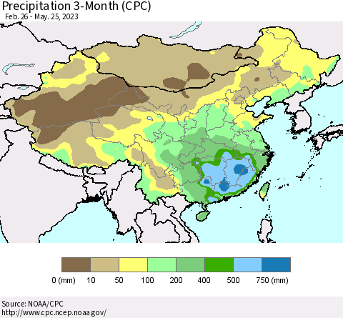 China, Mongolia and Taiwan Precipitation 3-Month (CPC) Thematic Map For 2/26/2023 - 5/25/2023