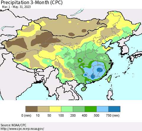 China, Mongolia and Taiwan Precipitation 3-Month (CPC) Thematic Map For 3/1/2023 - 5/31/2023