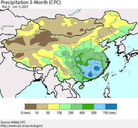 China, Mongolia and Taiwan Precipitation 3-Month (CPC) Thematic Map For 3/6/2023 - 6/5/2023