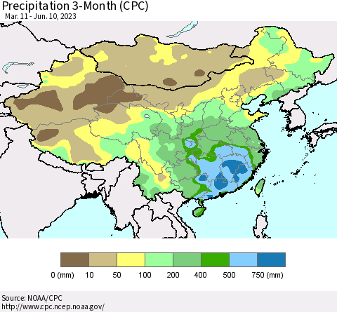 China, Mongolia and Taiwan Precipitation 3-Month (CPC) Thematic Map For 3/11/2023 - 6/10/2023