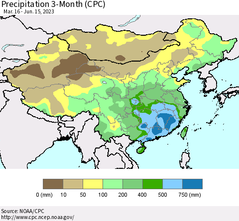China, Mongolia and Taiwan Precipitation 3-Month (CPC) Thematic Map For 3/16/2023 - 6/15/2023