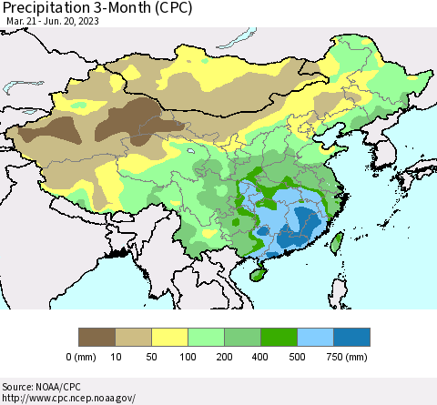 China, Mongolia and Taiwan Precipitation 3-Month (CPC) Thematic Map For 3/21/2023 - 6/20/2023