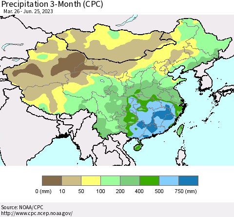 China, Mongolia and Taiwan Precipitation 3-Month (CPC) Thematic Map For 3/26/2023 - 6/25/2023