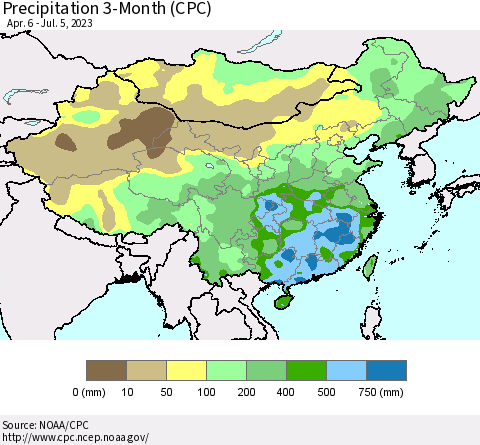 China, Mongolia and Taiwan Precipitation 3-Month (CPC) Thematic Map For 4/6/2023 - 7/5/2023