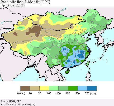 China, Mongolia and Taiwan Precipitation 3-Month (CPC) Thematic Map For 4/11/2023 - 7/10/2023