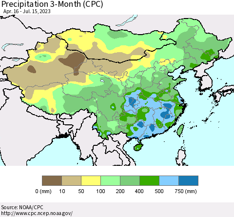 China, Mongolia and Taiwan Precipitation 3-Month (CPC) Thematic Map For 4/16/2023 - 7/15/2023