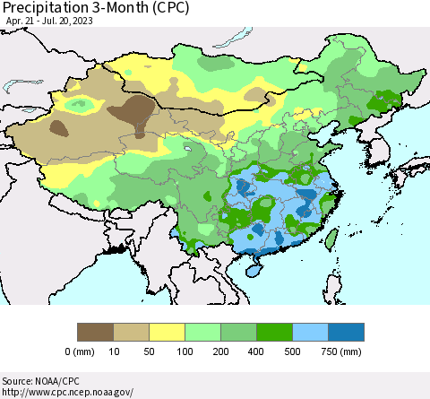 China, Mongolia and Taiwan Precipitation 3-Month (CPC) Thematic Map For 4/21/2023 - 7/20/2023