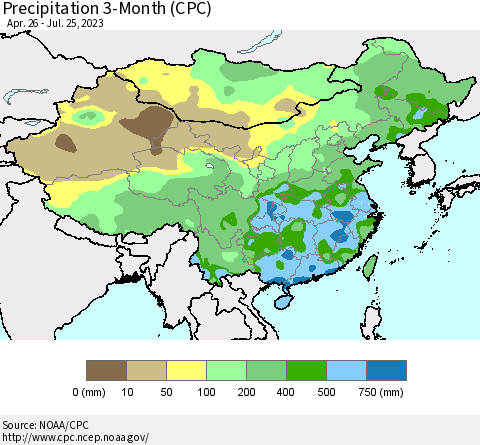China, Mongolia and Taiwan Precipitation 3-Month (CPC) Thematic Map For 4/26/2023 - 7/25/2023