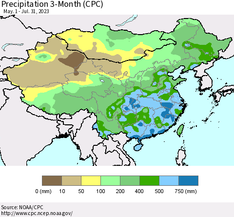 China, Mongolia and Taiwan Precipitation 3-Month (CPC) Thematic Map For 5/1/2023 - 7/31/2023