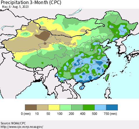 China, Mongolia and Taiwan Precipitation 3-Month (CPC) Thematic Map For 5/6/2023 - 8/5/2023
