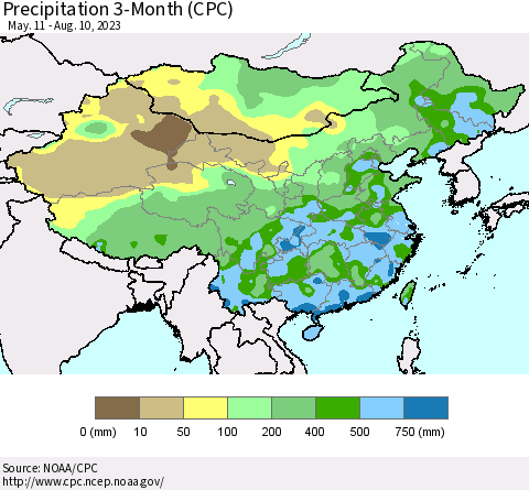 China, Mongolia and Taiwan Precipitation 3-Month (CPC) Thematic Map For 5/11/2023 - 8/10/2023