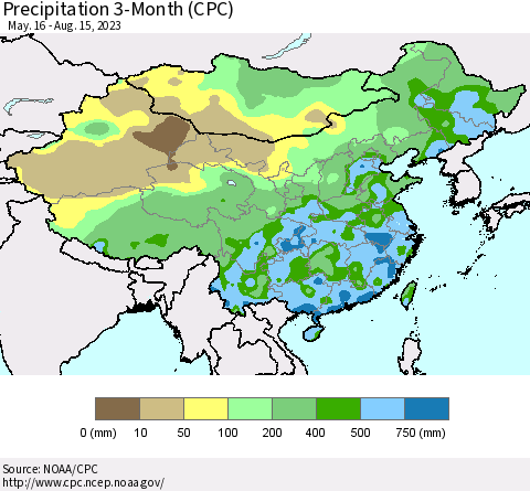 China, Mongolia and Taiwan Precipitation 3-Month (CPC) Thematic Map For 5/16/2023 - 8/15/2023