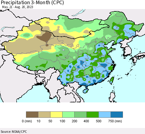China, Mongolia and Taiwan Precipitation 3-Month (CPC) Thematic Map For 5/21/2023 - 8/20/2023