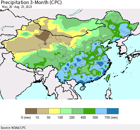China, Mongolia and Taiwan Precipitation 3-Month (CPC) Thematic Map For 5/26/2023 - 8/25/2023