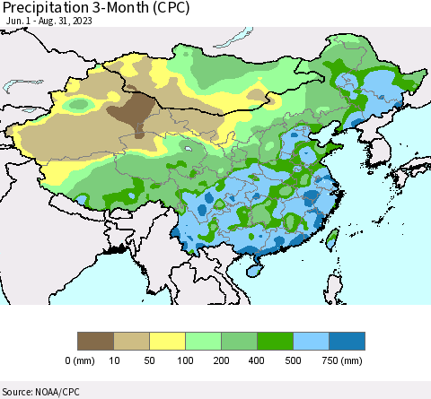 China, Mongolia and Taiwan Precipitation 3-Month (CPC) Thematic Map For 6/1/2023 - 8/31/2023