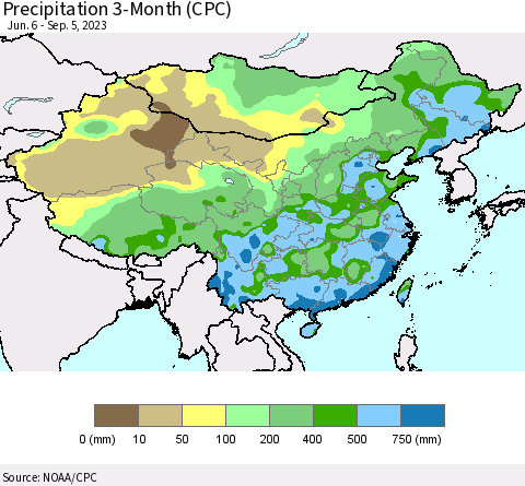 China, Mongolia and Taiwan Precipitation 3-Month (CPC) Thematic Map For 6/6/2023 - 9/5/2023