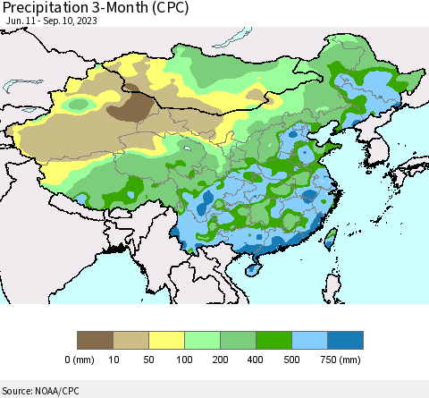 China, Mongolia and Taiwan Precipitation 3-Month (CPC) Thematic Map For 6/11/2023 - 9/10/2023
