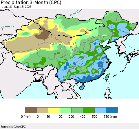 China, Mongolia and Taiwan Precipitation 3-Month (CPC) Thematic Map For 6/16/2023 - 9/15/2023