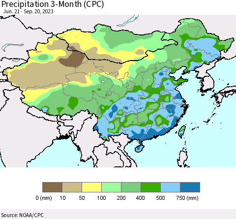 China, Mongolia and Taiwan Precipitation 3-Month (CPC) Thematic Map For 6/21/2023 - 9/20/2023