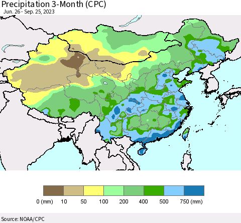 China, Mongolia and Taiwan Precipitation 3-Month (CPC) Thematic Map For 6/26/2023 - 9/25/2023