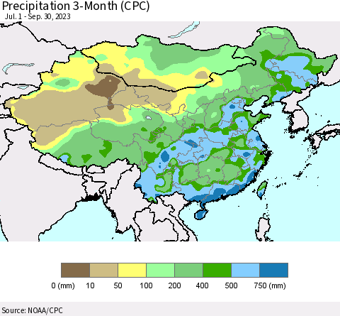 China, Mongolia and Taiwan Precipitation 3-Month (CPC) Thematic Map For 7/1/2023 - 9/30/2023
