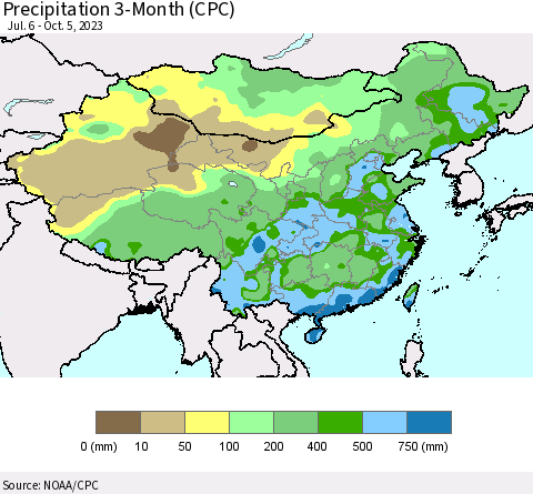China, Mongolia and Taiwan Precipitation 3-Month (CPC) Thematic Map For 7/6/2023 - 10/5/2023