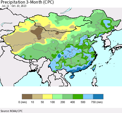 China, Mongolia and Taiwan Precipitation 3-Month (CPC) Thematic Map For 7/11/2023 - 10/10/2023