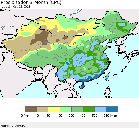 China, Mongolia and Taiwan Precipitation 3-Month (CPC) Thematic Map For 7/16/2023 - 10/15/2023
