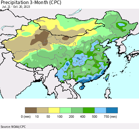 China, Mongolia and Taiwan Precipitation 3-Month (CPC) Thematic Map For 7/21/2023 - 10/20/2023