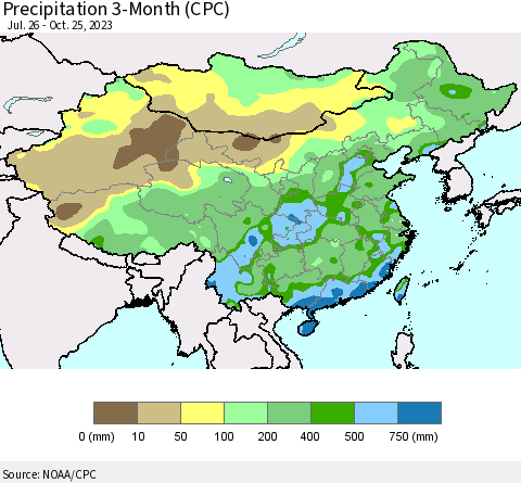 China, Mongolia and Taiwan Precipitation 3-Month (CPC) Thematic Map For 7/26/2023 - 10/25/2023