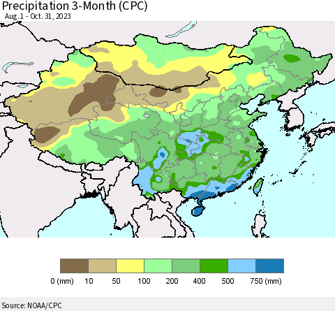 China, Mongolia and Taiwan Precipitation 3-Month (CPC) Thematic Map For 8/1/2023 - 10/31/2023
