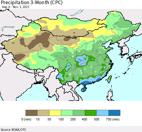 China, Mongolia and Taiwan Precipitation 3-Month (CPC) Thematic Map For 8/6/2023 - 11/5/2023