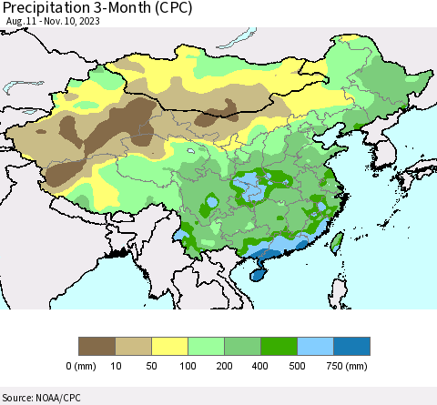 China, Mongolia and Taiwan Precipitation 3-Month (CPC) Thematic Map For 8/11/2023 - 11/10/2023