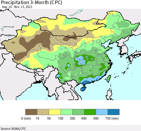 China, Mongolia and Taiwan Precipitation 3-Month (CPC) Thematic Map For 8/16/2023 - 11/15/2023